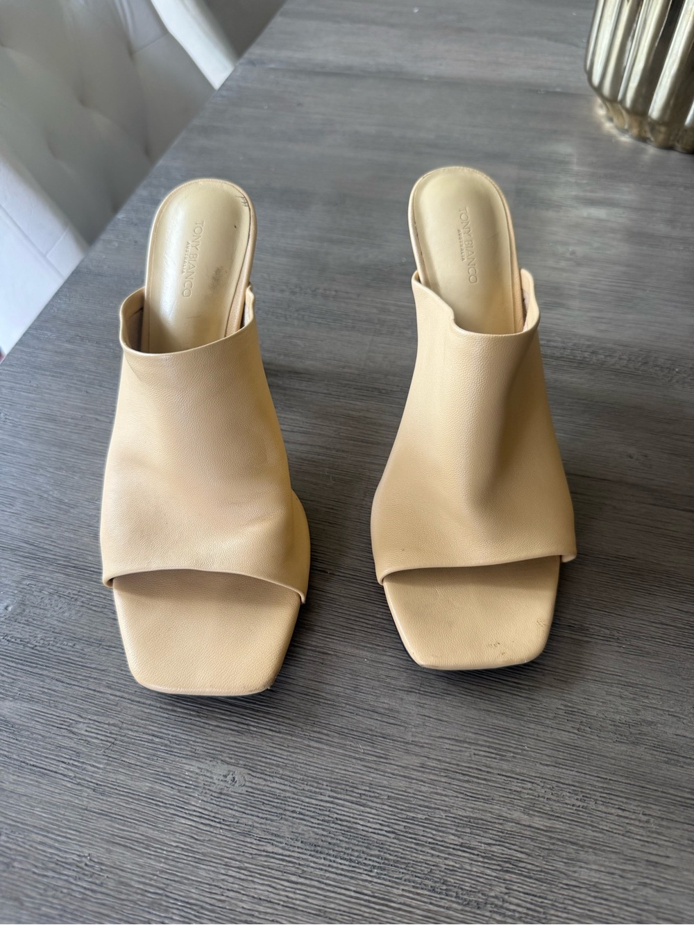 Tony Bianco Beige Square-Toe Mule Slides